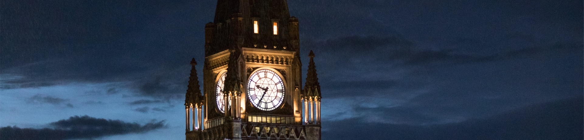 Parliament tower lit up at night