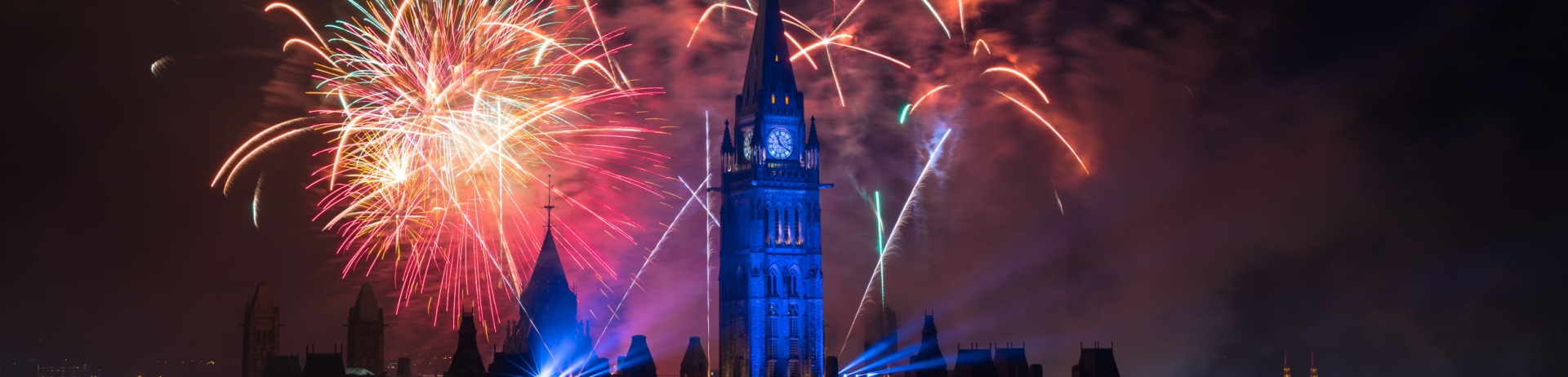 fireworks behind the parliament building