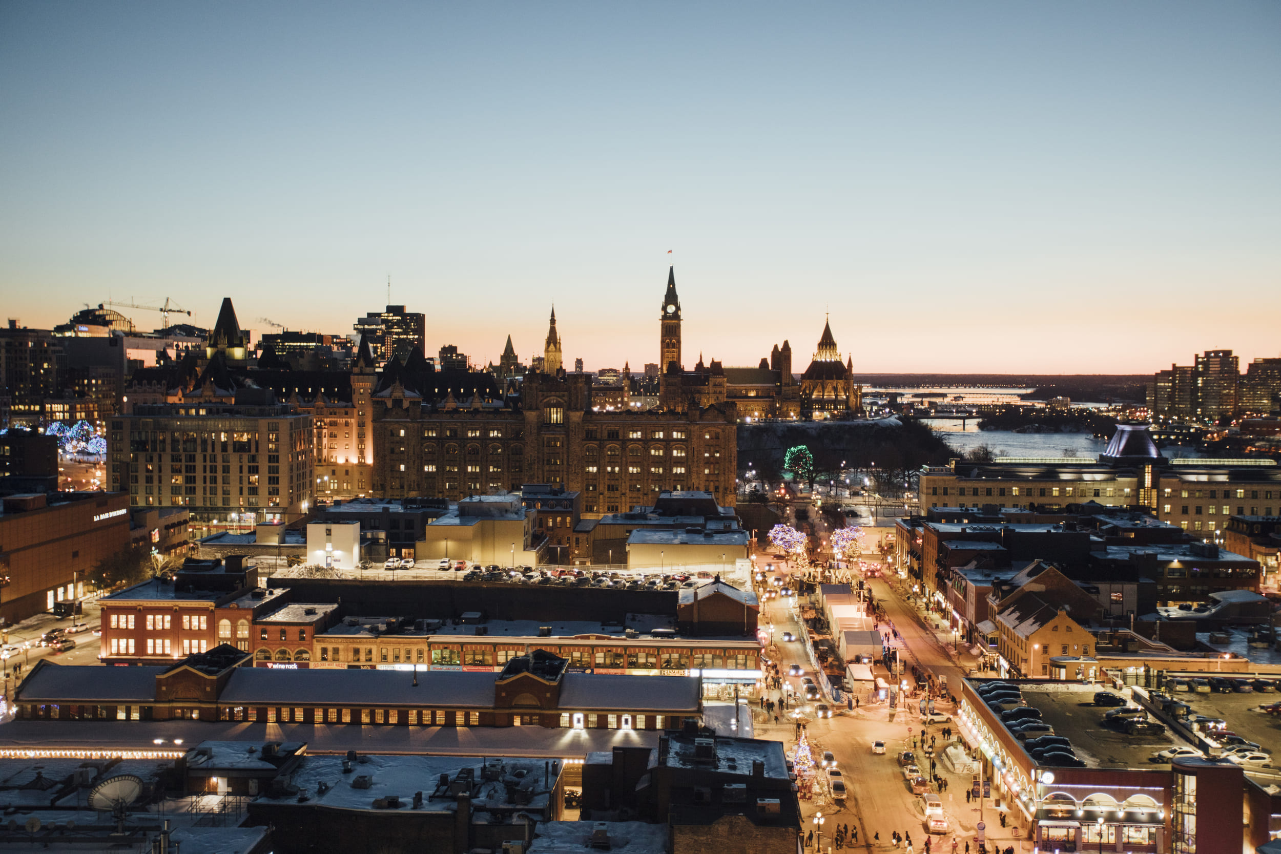 View of Byward Market from Andaz Copper Spirits and Sights bar at night